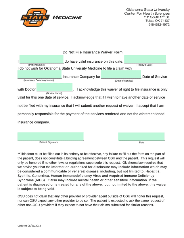 Do Not File Insurance Waiver Form screenshot