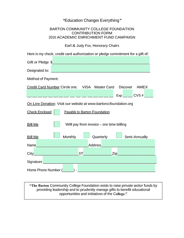 Barton Community College Foundation Contribution Form screenshot