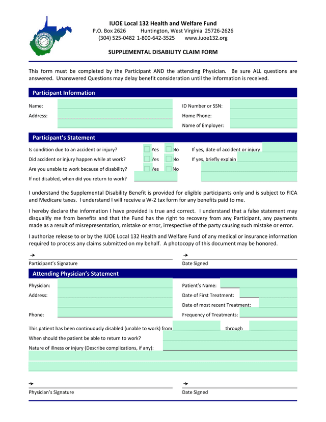SUPPLEMENTAL DISABILITY CLAIM FORM screenshot