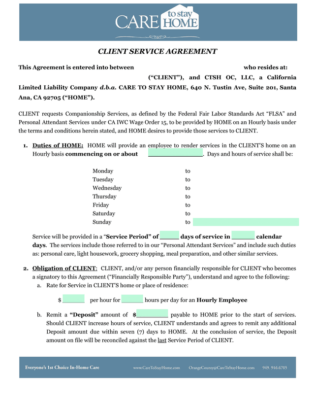 Client Service Agreement screenshot