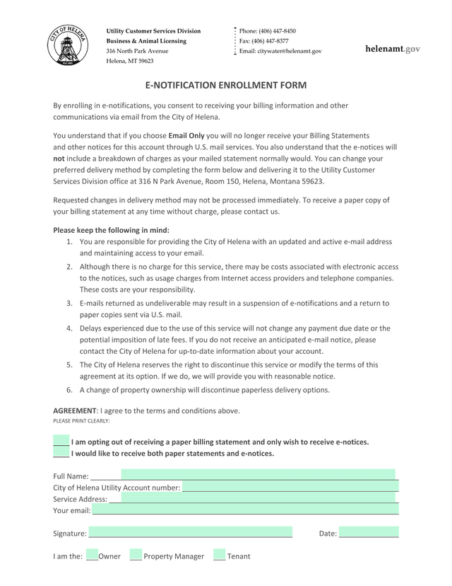 E Notification Enrollment Form screenshot