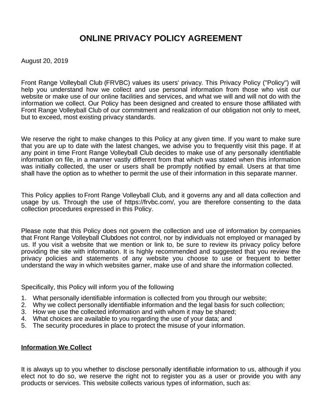 Online Privacy Policy Agreement screenshot