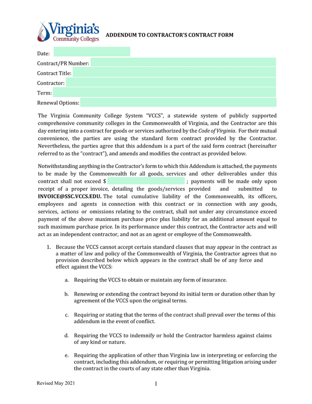 Addendum To ContractorS Contract Form screenshot