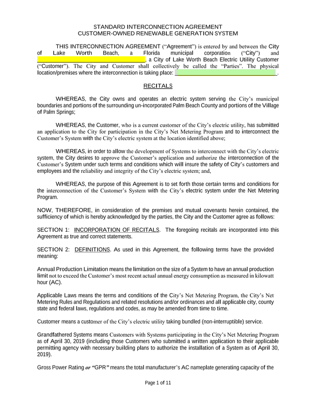 STANDARD INTERCONNECTION AGREEMENT CUSTOMER OWNED RENEWABLE GENERATION SYSTEM screenshot
