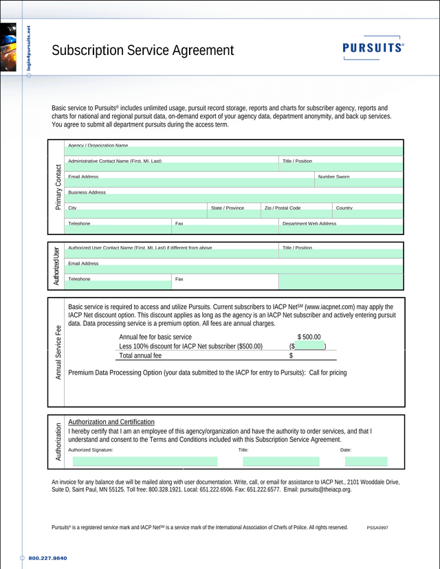 Subscription Service Agreement screenshot