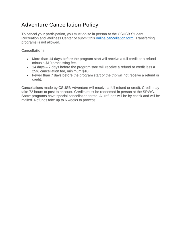 Adventure Cancellation Policy screenshot