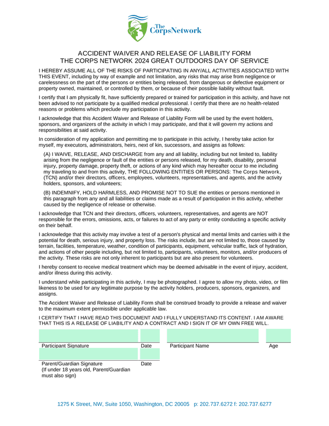 Accident Waiver And Release Of Liability Form screenshot