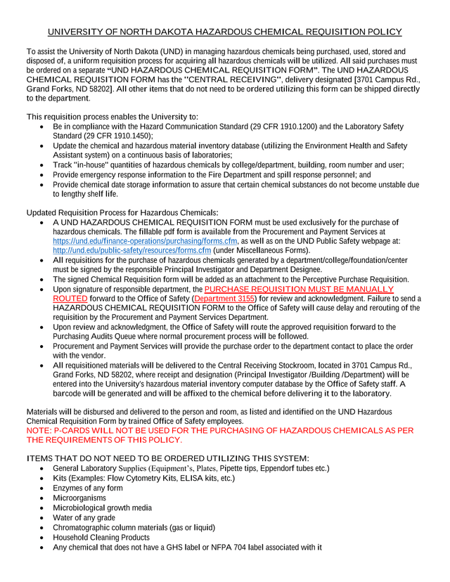 University Of North Dakota Hazardous Chemical Requisition Policy screenshot