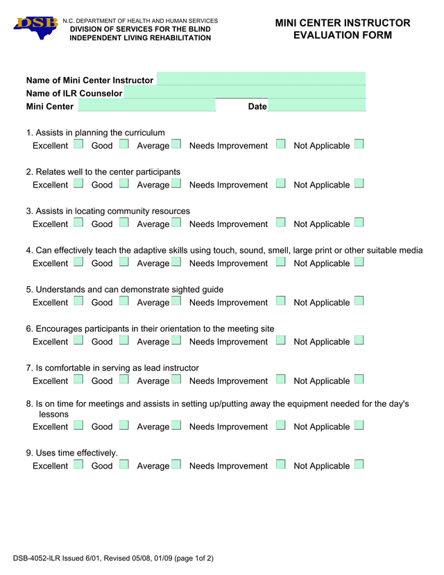 MINI CENTER INSTRUCTOR EVALUATION FORM screenshot