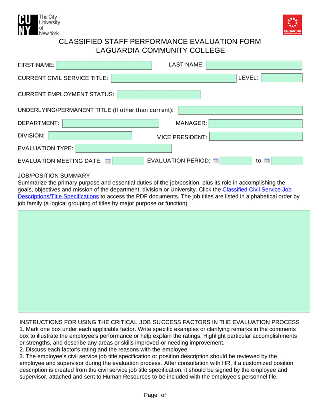 Classified Staff Performance Evaluation Form screenshot
