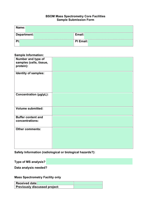 BSOM Mass Spectrometry Core Facilities Sample Submission Form screenshot