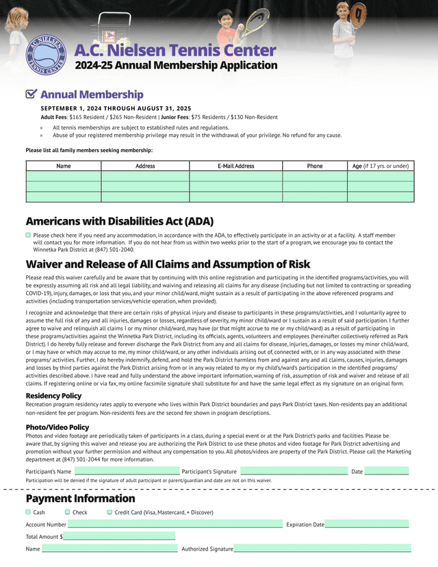 A.C. Nielsen Tennis Center 2024 25 Annual Membership Application screenshot