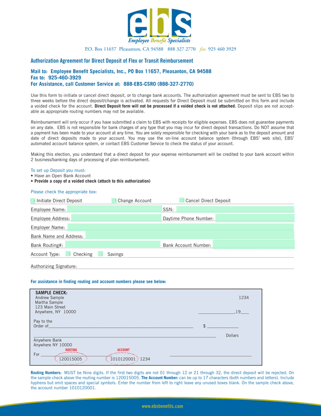 Authorization Agreement For Direct Deposit Of Flex Or Transit Reimbursement screenshot