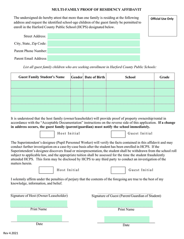 Multi Family Proof Of Residency Affidavit screenshot