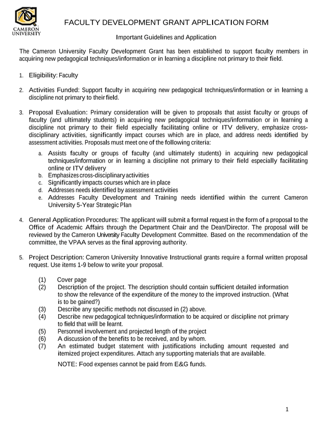 FACULTY DEVELOPMENT GRANT APPLICATION FORM screenshot