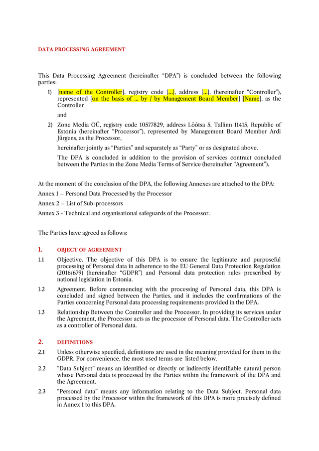 Data Processing Agreement screenshot