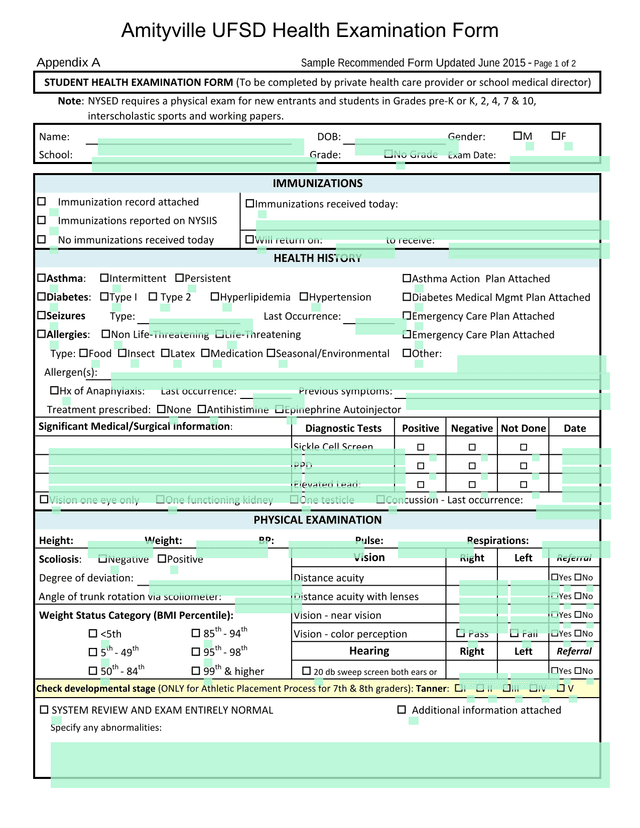 Student Health Examination Form screenshot