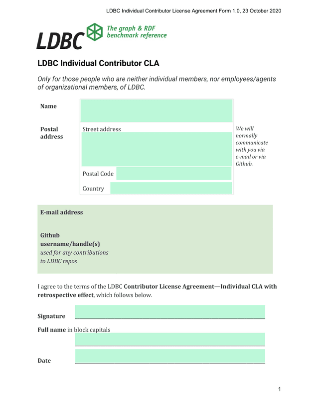 LDBC Individual Contributor License Agreement Form screenshot
