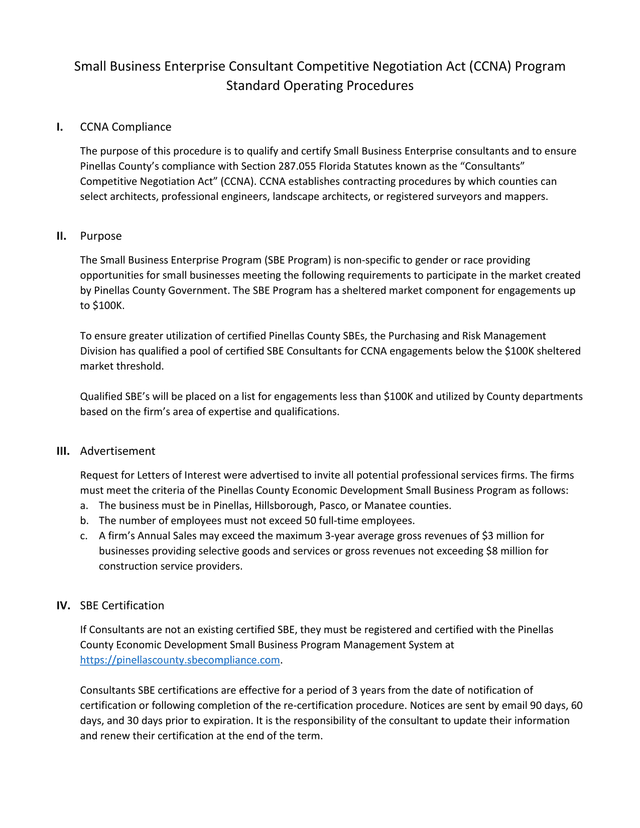 Small Business Enterprise Consultant Competitive Negotiation Act (CCNA) Program Standard Operating P screenshot