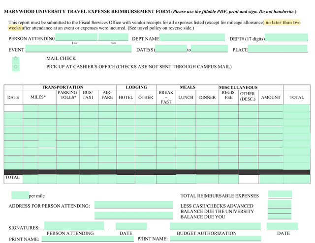 Marywood University Travel Expense Reimbursement Form screenshot