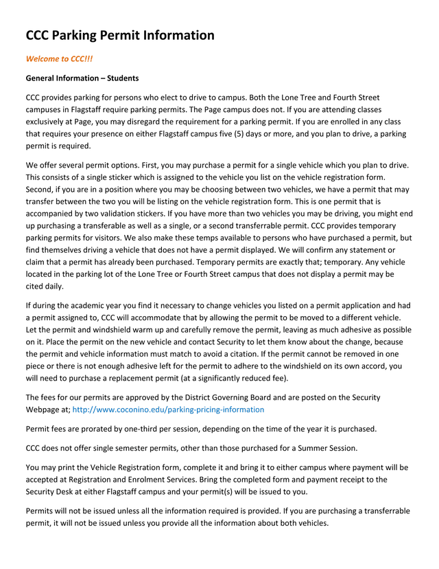 CCC Parking Permit Information screenshot