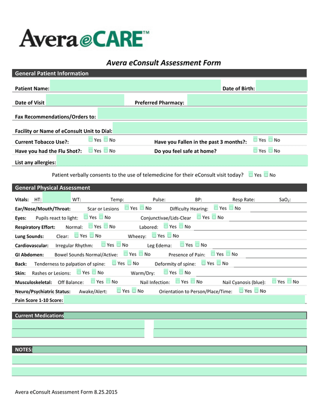Avera EConsult Assessment Form screenshot