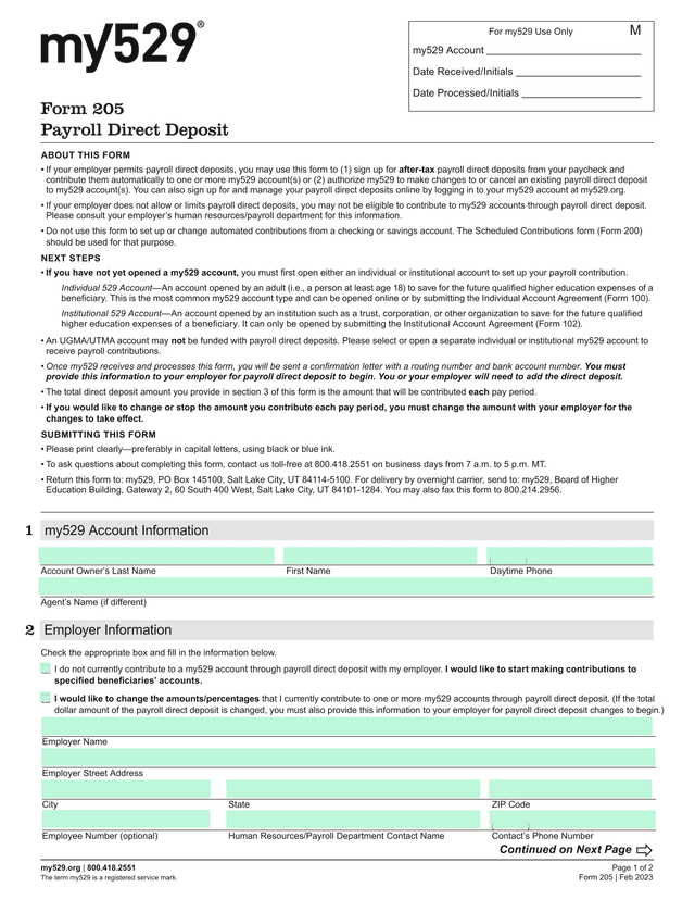 Form 205 Payroll Direct Deposit screenshot
