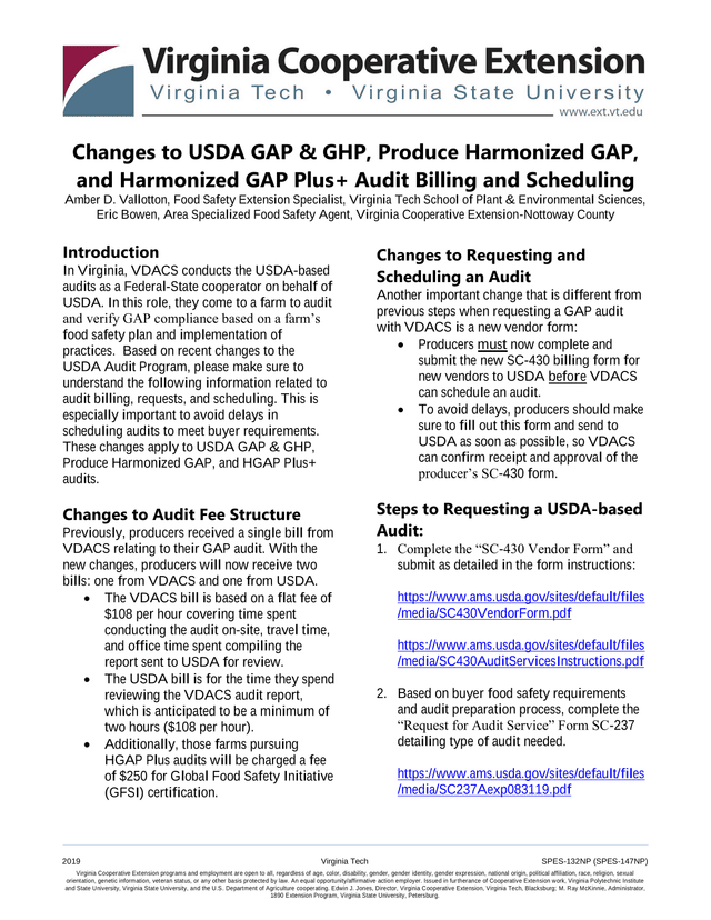 Changes To USDA GAP  GHP, Produce Harmonized GAP, And Harmonized GAP Plus Audit Billing And Scheduli screenshot