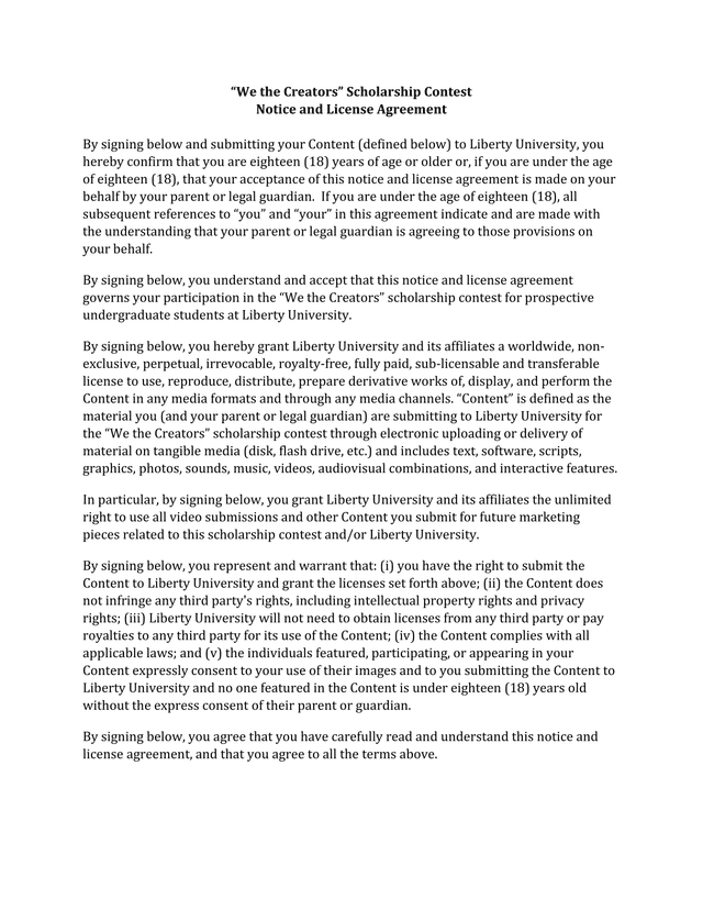 We The Creators Scholarship Contest Notice And License Agreement screenshot