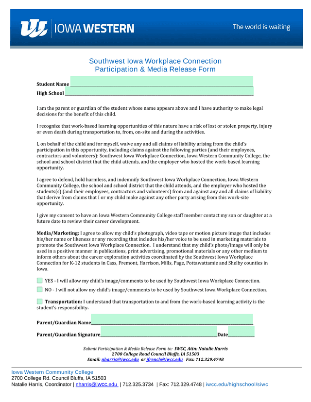 Southwest Iowa Workplace Connection Participation  Media Release Form screenshot