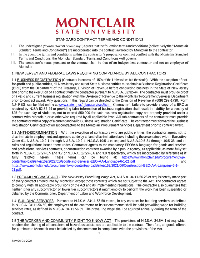STANDARD CONTRACT TERMS AND CONDITIONS screenshot