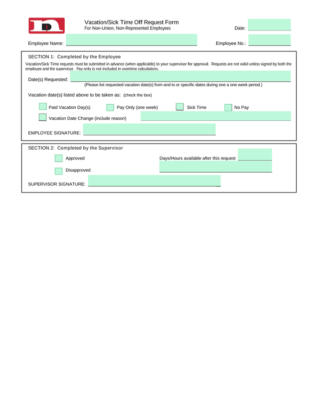 VacationSick Time Off Request Form For Non Union, Non Represented Employees screenshot