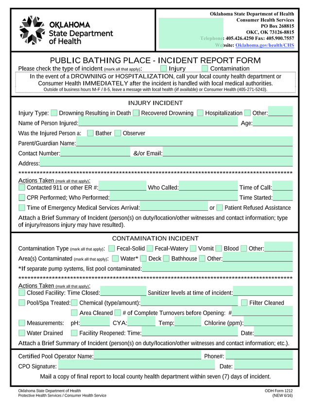 ODH Form 1212 PUBLIC BATHING PLACE   INCIDENT REPORT FORM screenshot