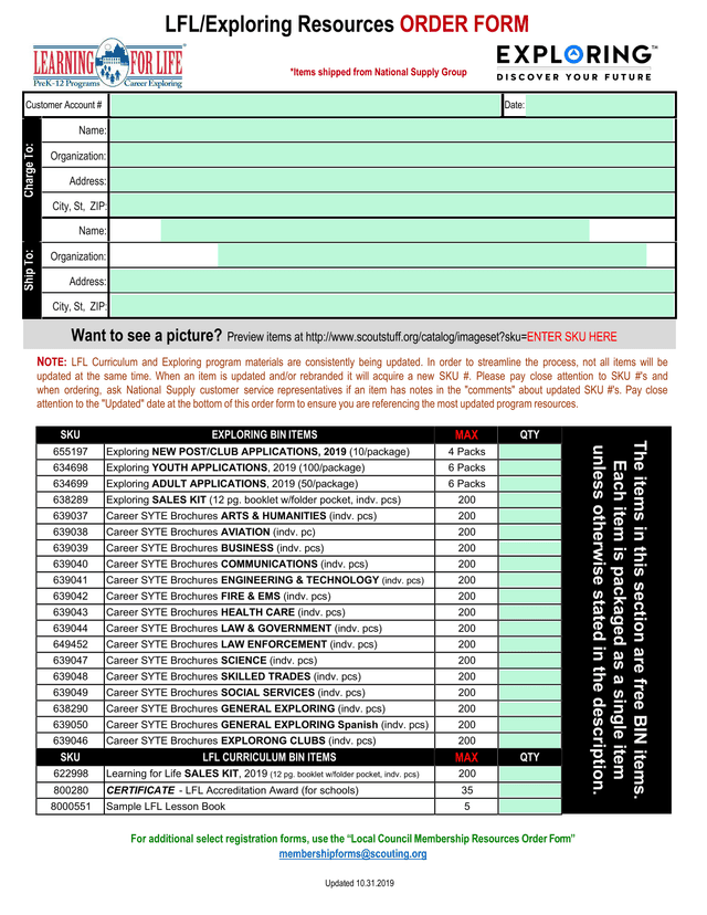 LFLExploring Resources ORDER FORM screenshot