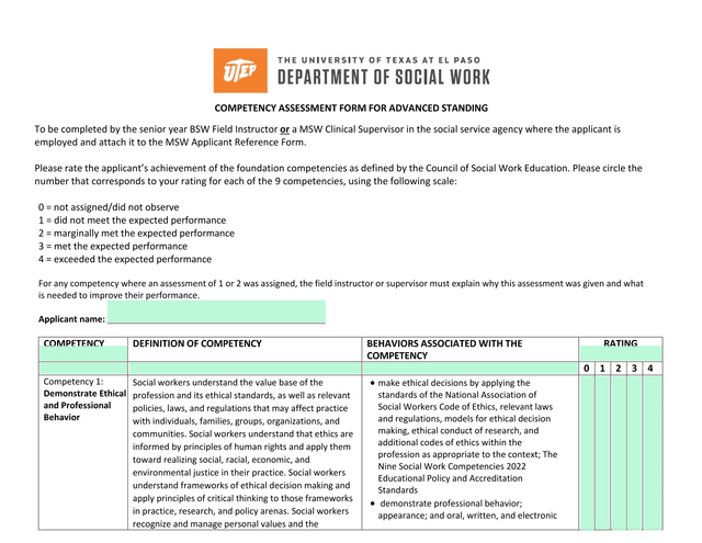 Competency Assessment Form For Advanced Standing screenshot
