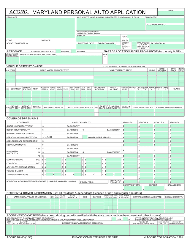 Maryland Personal Auto Application (ACORD 90 MD) screenshot