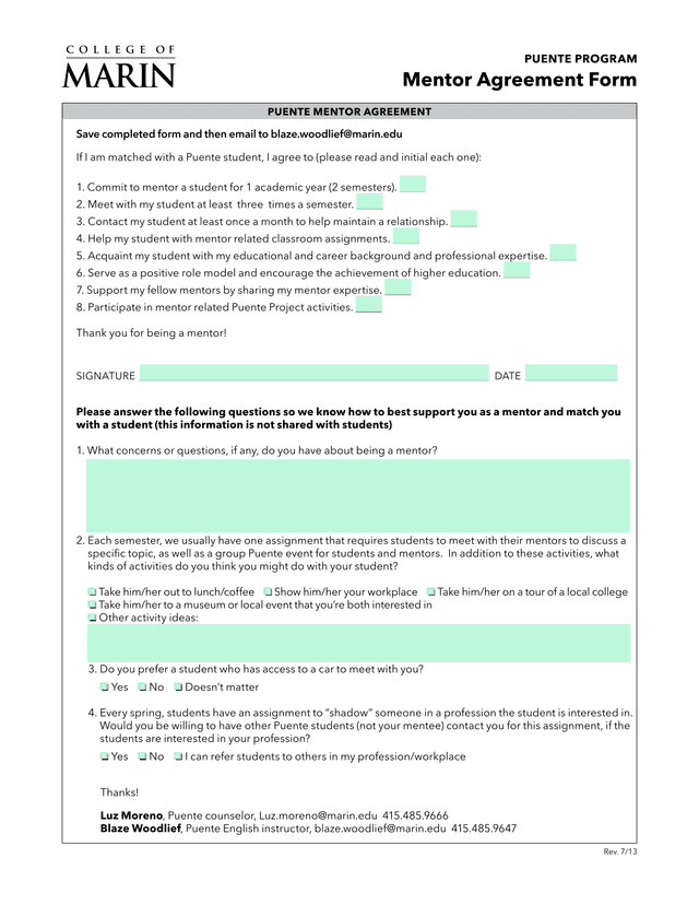 Puente Mentor Agreement Form screenshot