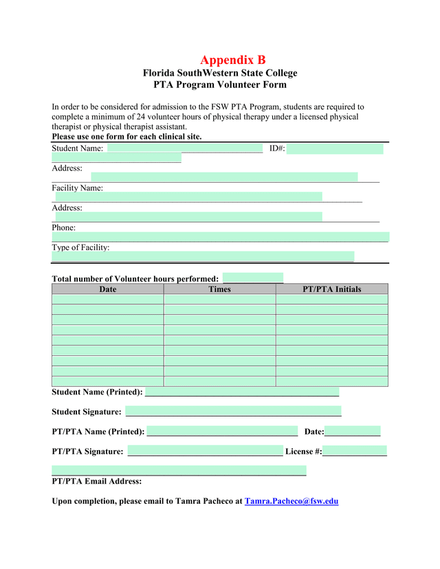 PTA Program Volunteer Form screenshot