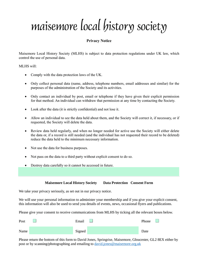 Maisemore Local History Society Privacy Notice screenshot