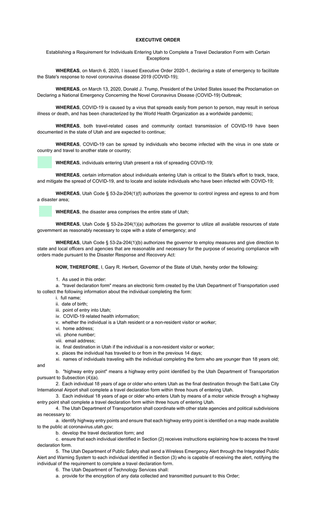 Executive Order Establishing A Requirement For Individuals Entering Utah To Complete A Travel Declar screenshot