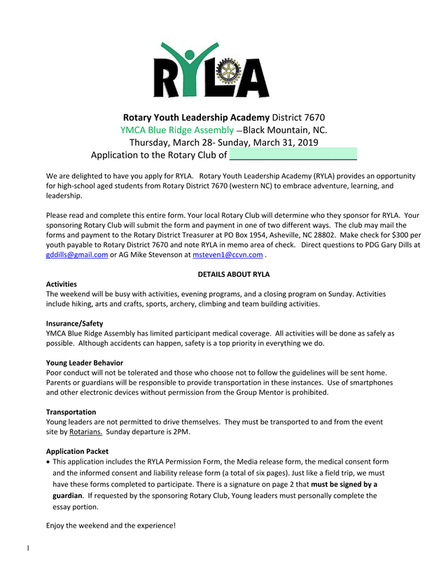 Rotary Youth Leadership Academy District 7670 Application screenshot