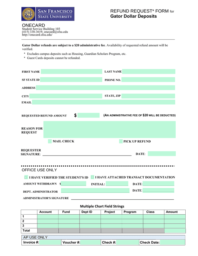 Refund Request Form For Gator Dollar Deposits screenshot