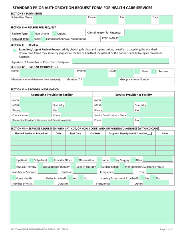 Arizona Prior Authorization Form screenshot
