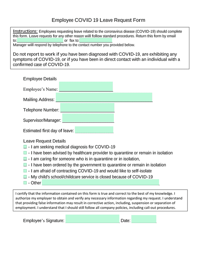 Employee COVID 19 Leave Request Form screenshot
