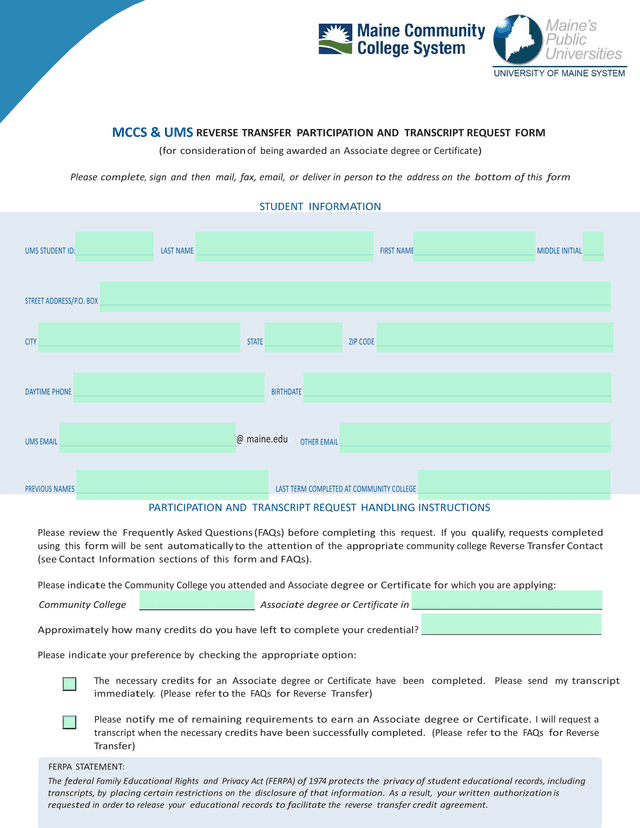 MCCS  UMS Reverse Transfer Participation And Transcript Request Form screenshot