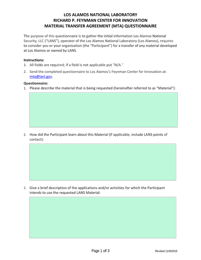 Material Transfer Agreement (MTA) Questionnaire screenshot