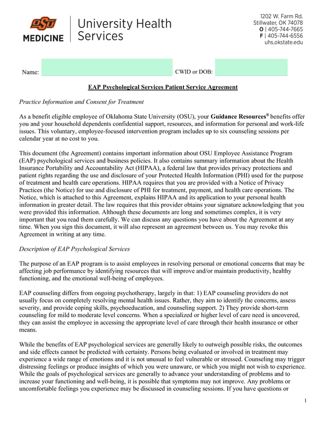 EAP Psychological Services Patient Service Agreement screenshot