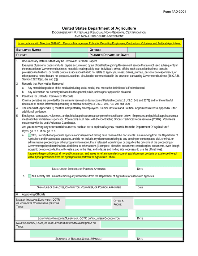 Form AD 3001 Documentary Materials RemovalNon Removal Certification And Non Disclosure Agreement screenshot