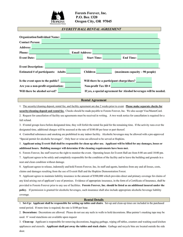 Forests Forever Event Facility Rental Agreement screenshot