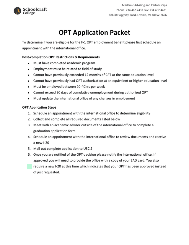 OPT Application Packet screenshot